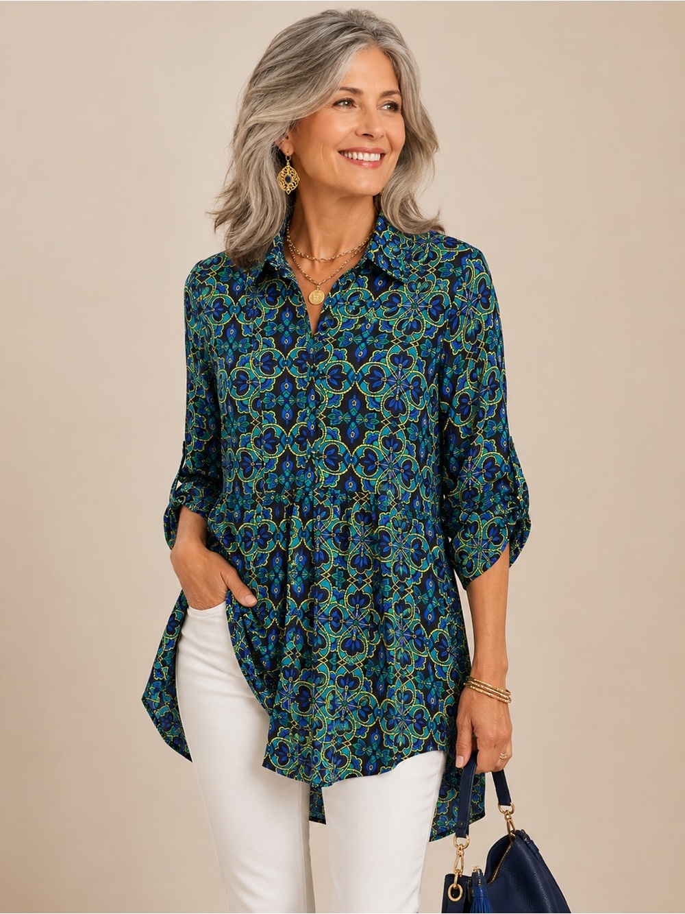Cupio Blue Teal Geometric Print Tunic Blouse Size M Boho Roll Tab Sleeve